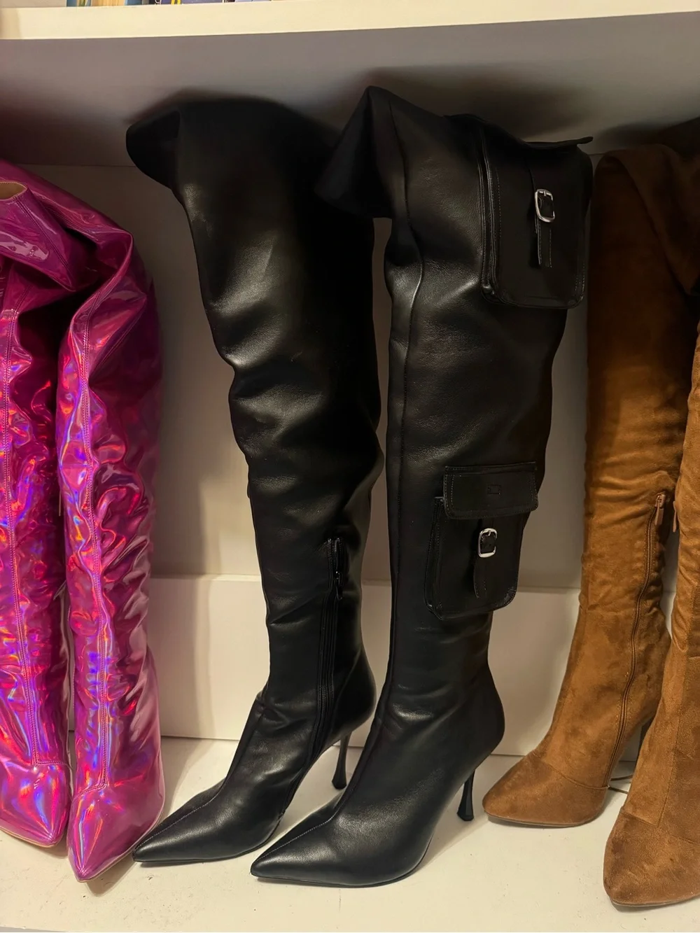 Steve Madden Black Over-the-Knee Pointed Stiletto Boot with Buckle Pockets